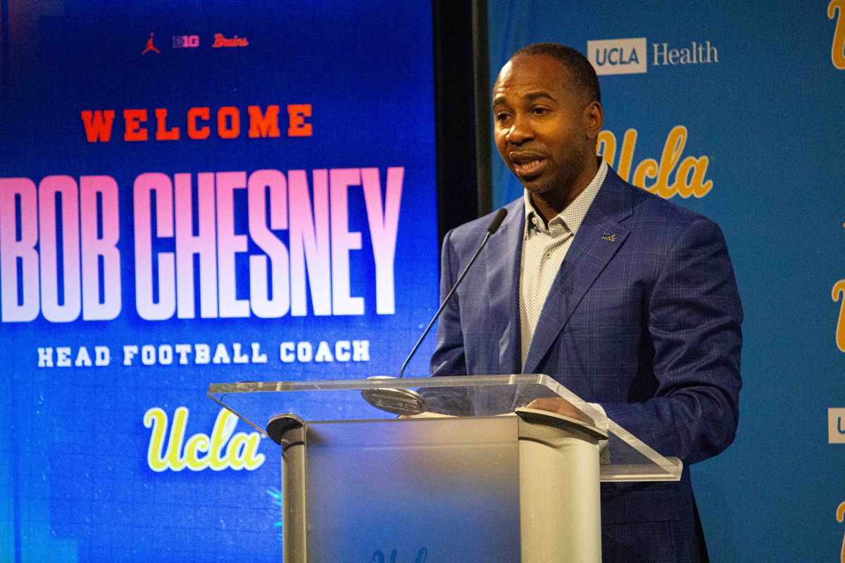 UCLA athletic director Martin Jarmond speaks at the introductory press conference for Bob Chesney at Luskin Conference Center Tuesday, December 9, 2025 in Los Angeles.