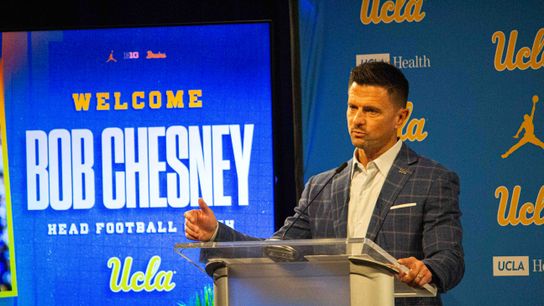 New UCLA football head coach Bob Chesney gestrues while speaking to the crowd at the introductory press conference for Bob Chesney at Luskin Conference Center Tuesday, December 9, 2025 in Los Angeles. 