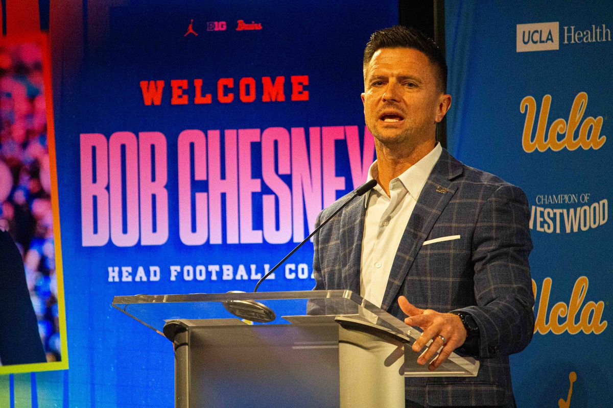 New UCLA football head coach Bob Chesney addresses the crowd at the introductory press conference for Bob Chesney at Luskin Conference Center Tuesday, December 9, 2025 in Los Angeles. 