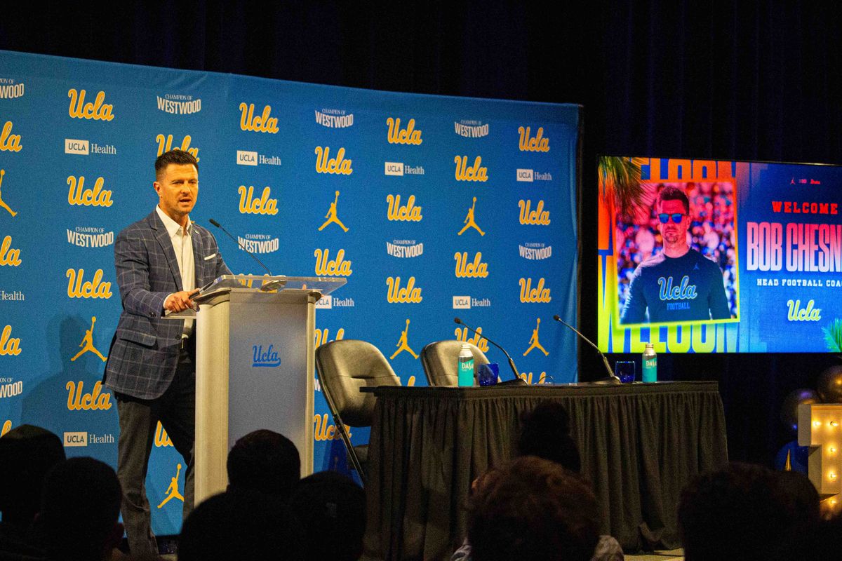 New UCLA football head coach Bob CHesney speaks to the media at the introductory press conference for Bob Chesney at Luskin Conference Center Tuesday, December 9, 2025 in Los Angeles. 