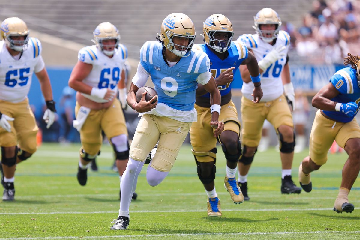 Nico Iamaleava #9 runs with the ball during the UCLA Football Spring Showcase at Rose Bowl Stadium on May 2, 2026 in Pasadena, California.