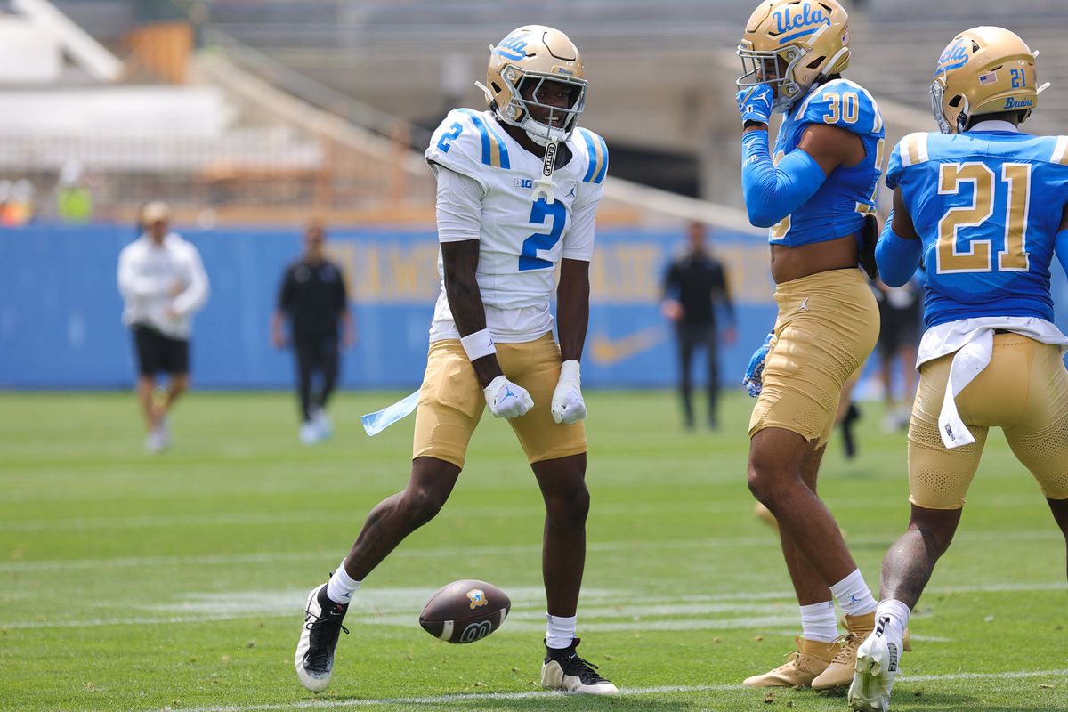 Brian Rowe #2 celebrates a big play during the UCLA Football Spring Showcase at Rose Bowl Stadium on May 2, 2026 in Pasadena, California.