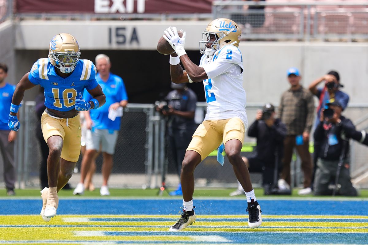 Brian Rowe #2 catches a pass during the UCLA Football Spring Showcase at Rose Bowl Stadium on May 2, 2026 in Pasadena, California.
