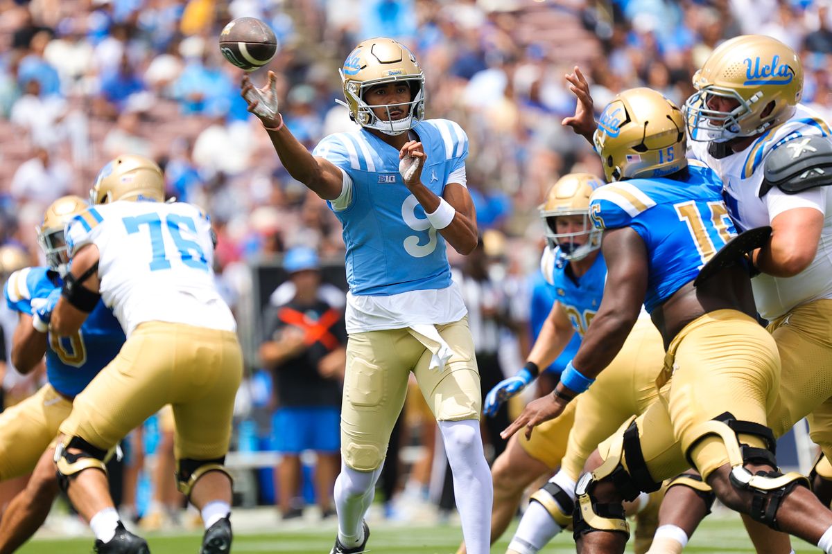 Nico Iamaleava #9 throws the football during the UCLA Football Spring Showcase at Rose Bowl Stadium on May 2, 2026 in Pasadena, California.