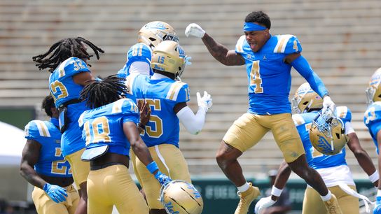 Team Blue celebrates a win at the UCLA Football Spring Showcase at Rose Bowl Stadium on May 2, 2026 in Pasadena, California.