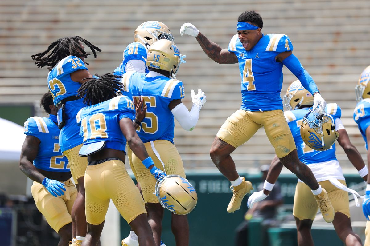 Team Blue celebrates a win at the UCLA Football Spring Showcase at Rose Bowl Stadium on May 2, 2026 in Pasadena, California.