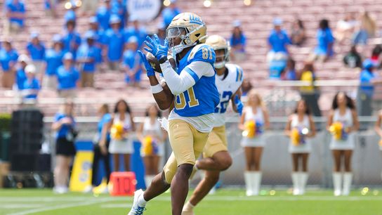 Kenneth Moore III #81 catches a pass during the UCLA Football Spring Showcase at Rose Bowl Stadium on May 2, 2026 in Pasadena, California.