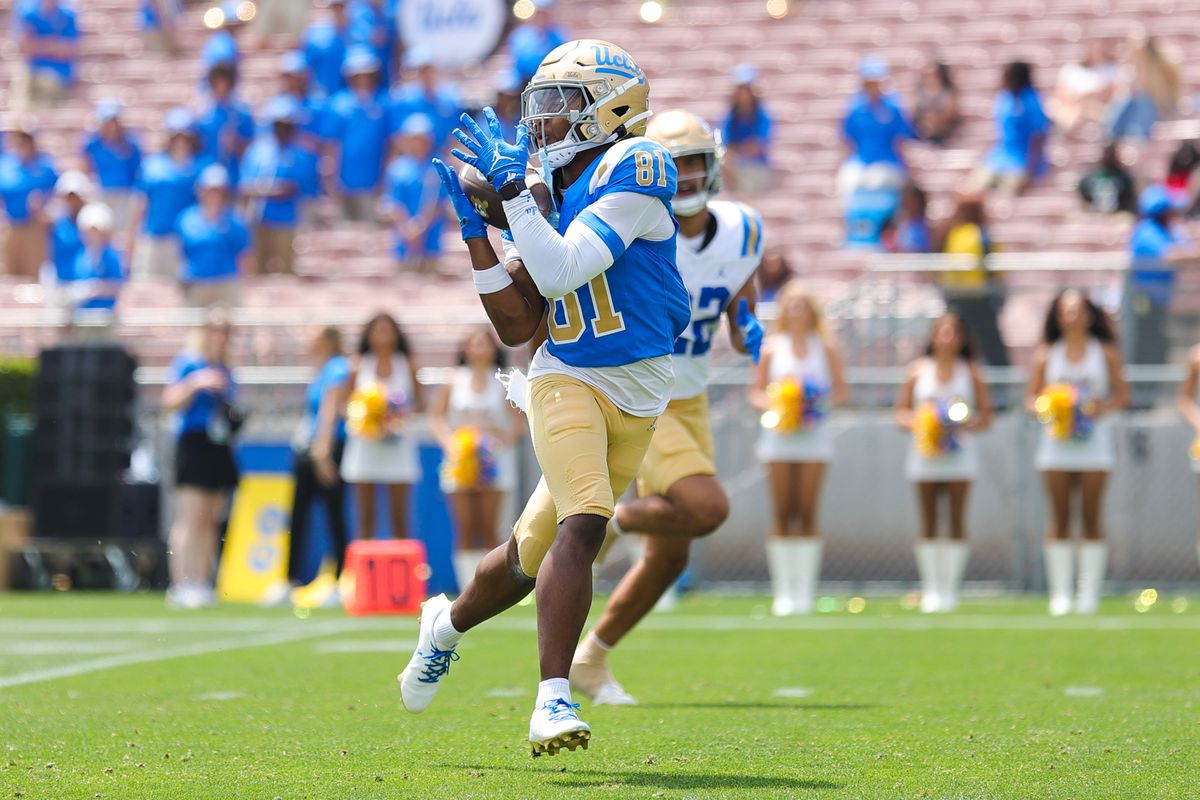 Kenneth Moore III #81 catches a pass during the UCLA Football Spring Showcase at Rose Bowl Stadium on May 2, 2026 in Pasadena, California.