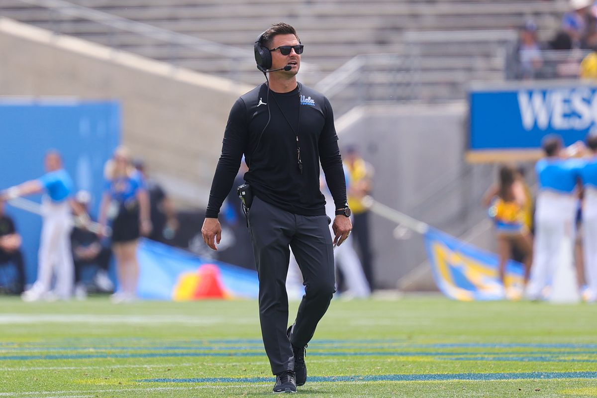 UCLA head coach Bob Chesney looks on during the UCLA Football Spring Showcase at Rose Bowl Stadium on May 2, 2026 in Pasadena, California.