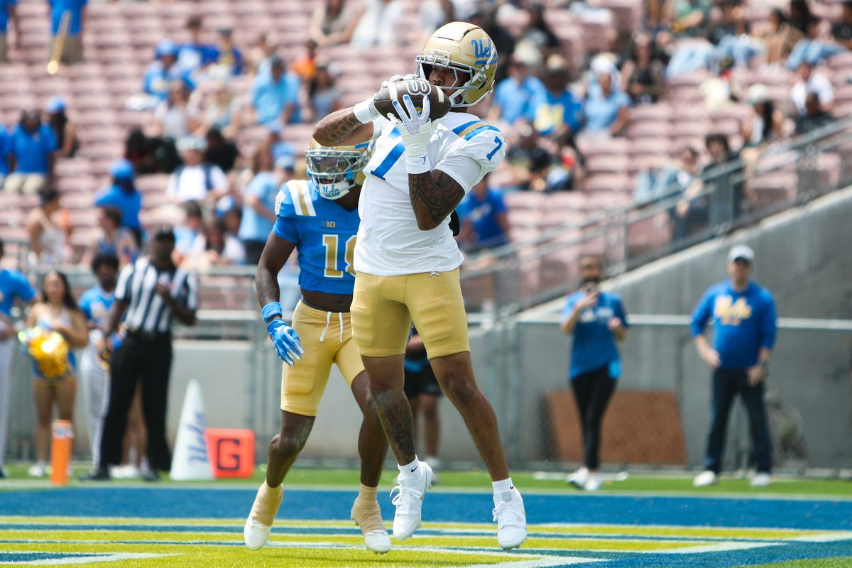 Mikey Matthews #7 catches a pass during the UCLA Football Spring Showcase at Rose Bowl Stadium on May 2, 2026 in Pasadena, California.