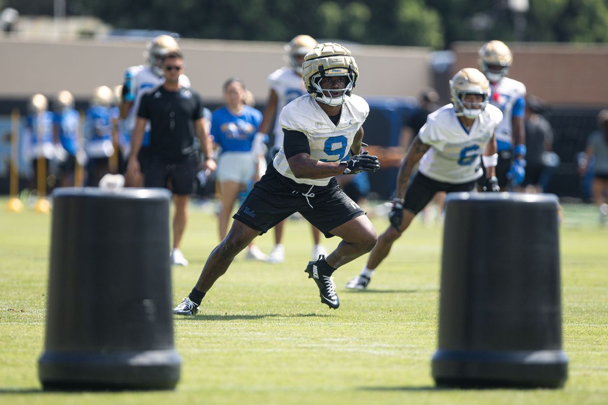 UCLA linebacker Jalen Woods (9) runs drills during practice Friday, Aug. 7, 2026, at Wasserman Football Center in Los Angeles, CA. UCLA linebacker Jalen Woods (9) runs drills during practice Friday, Aug. 7, 2026, at Wasserman Football Center in Los Angeles, CA.