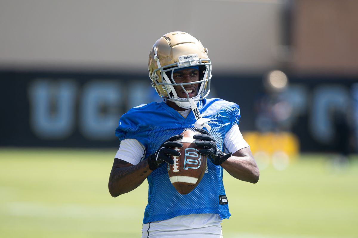UCLA wide receiver Semaj Morgan (4) works through drills during practice at the Wasserman Football Center in Los Angeles, CA on Aug. 7, 2026. UCLA wide receiver Semaj Morgan (4) works through drills during practice at the Wasserman Football Center in Los Angeles, CA on Aug. 7, 2026.