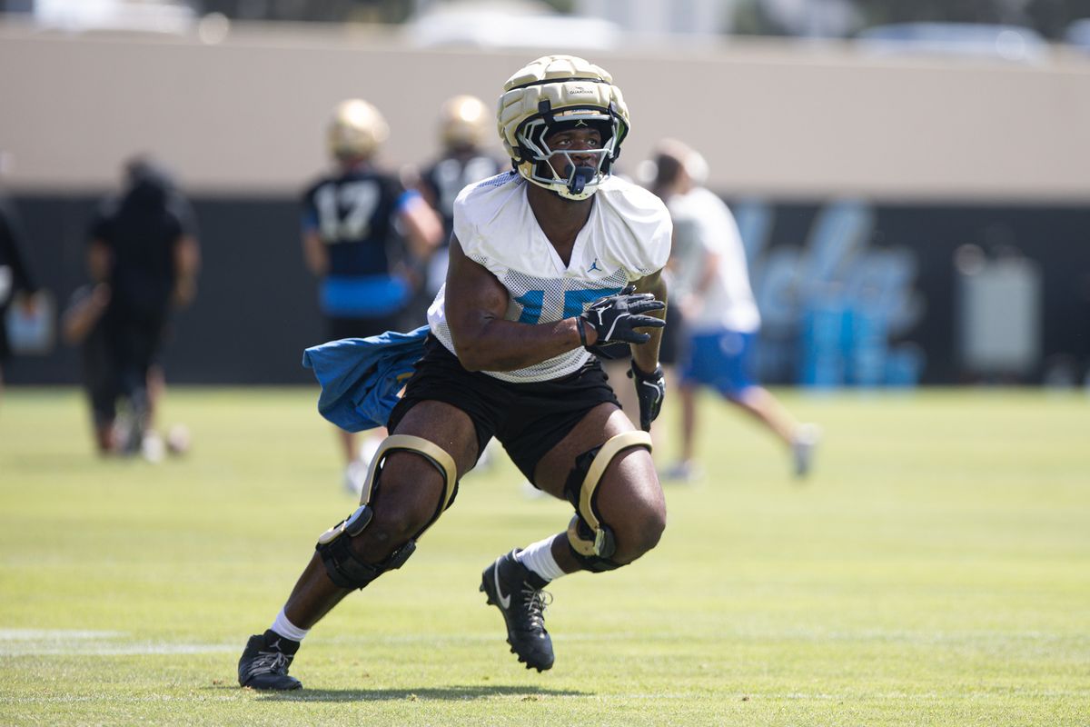 UCLA defensive lineman Sahir West (15) participates in practice on Friday, Aug. 7, 2026, in Los Angeles. UCLA defensive lineman Sahir West (15) participates in practice on Friday, Aug. 7, 2026, in Los Angeles.