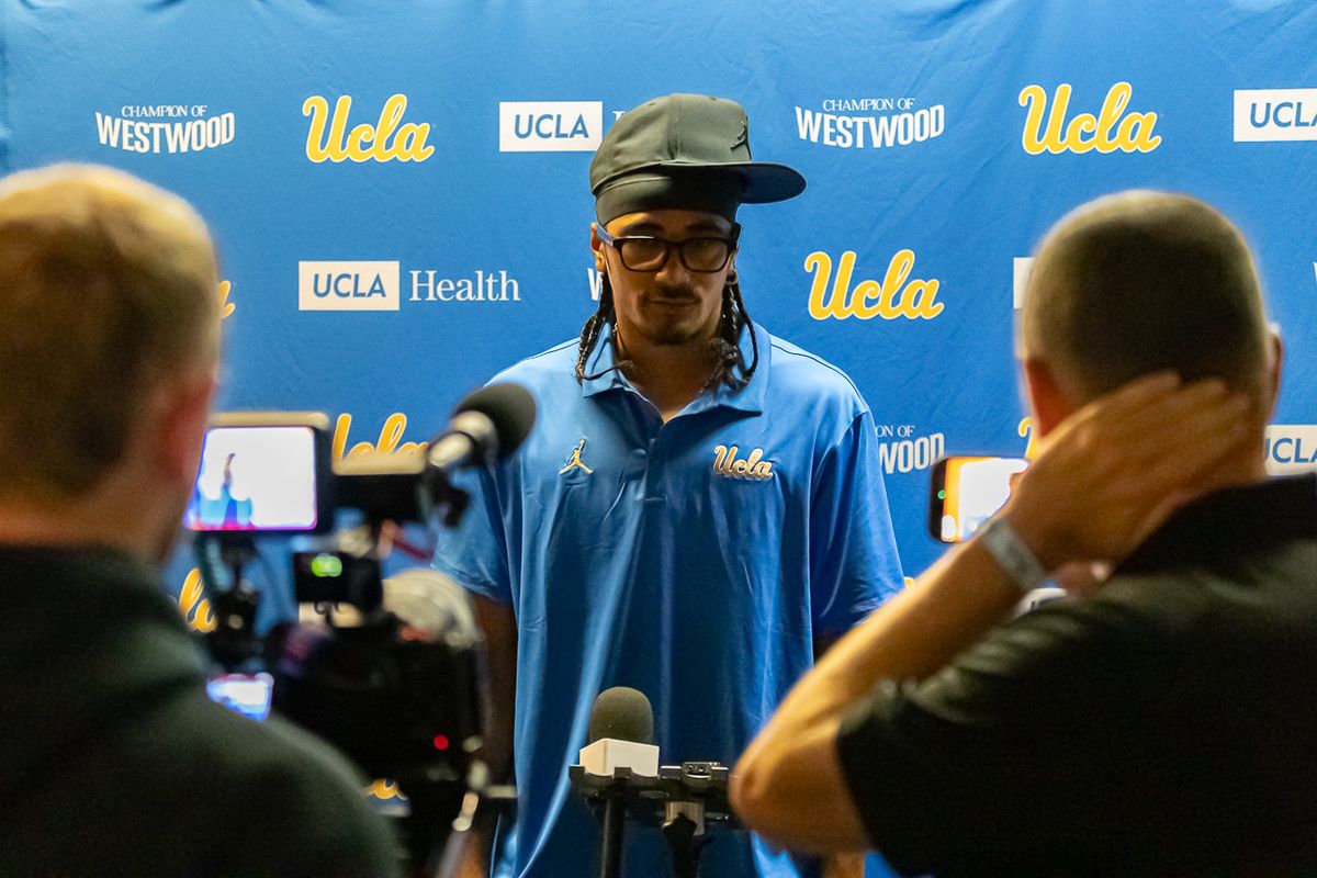 UCLA quarterback Nico Iamaleava participates in media day at Pavilion Club in Pauley Pavilion, Los Angeles. UCLA quarterback Nico Iamaleava participates in media day at Pavilion Club in Pauley Pavilion, Los Angeles.