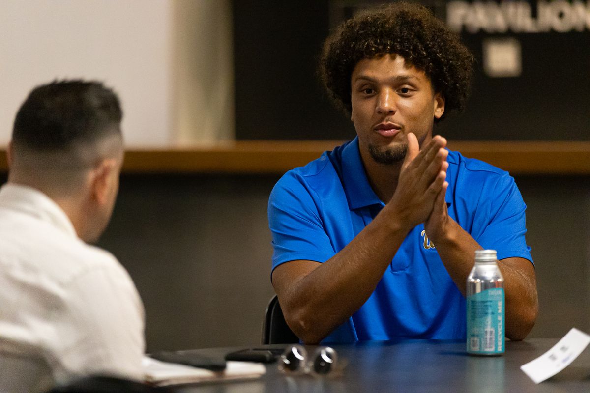 UCLA wide receiver Landon Ellis takes questions from the media during media day at Pavilion Club in Pauley Pavilion, Los Angeles. UCLA wide receiver Landon Ellis takes questions from the media during media day at Pavilion Club in Pauley Pavilion, Los Angeles.