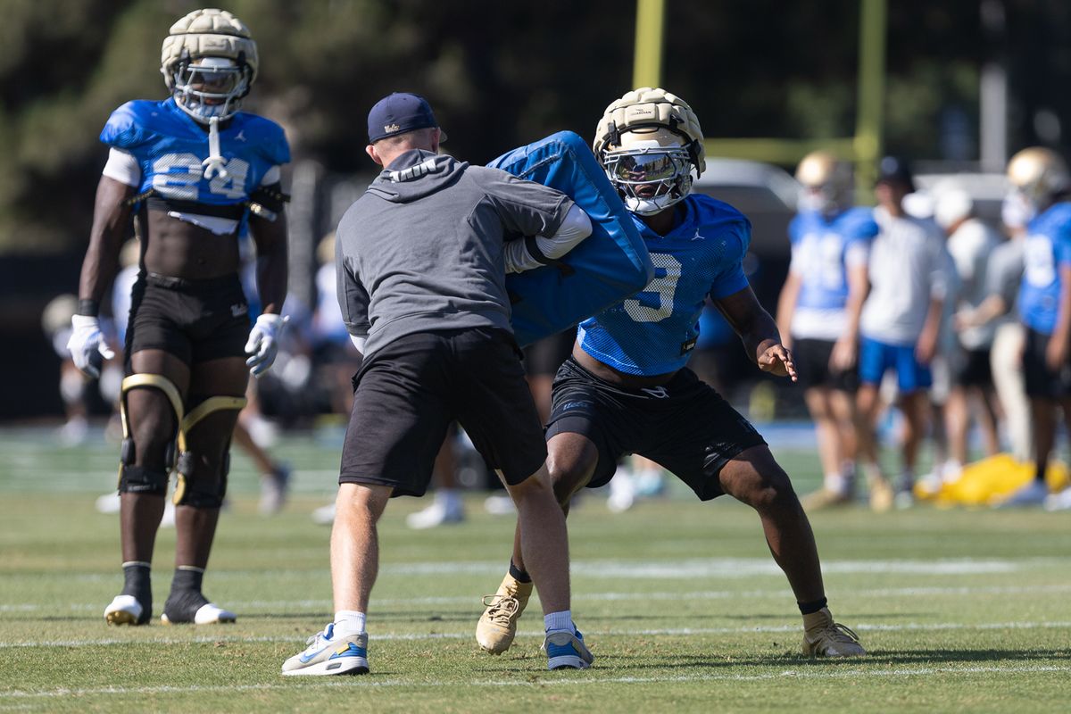 UCLA linebacker Jalen Woods (9) participates in drills during practice at Wasserman Football Center, Tuesday, Aug. 25, 2026, in Los Angeles. UCLA linebacker Jalen Woods (9) participates in drills during practice at Wasserman Football Center, Tuesday, Aug. 25, 2026, in Los Angeles.