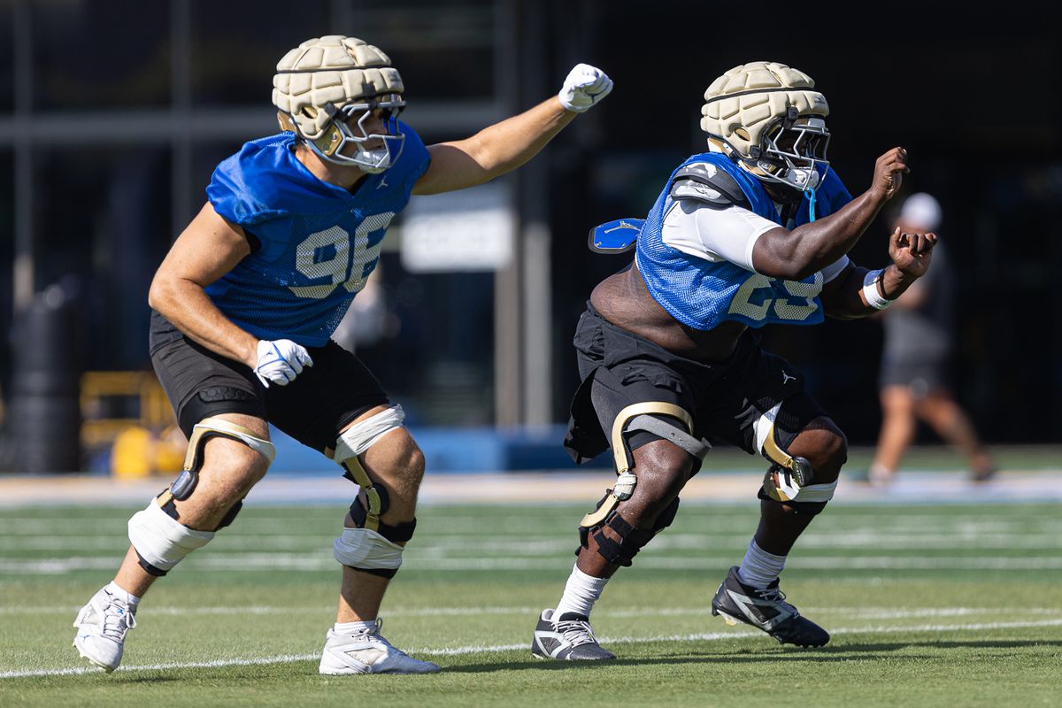 UCLA linemen participate during practice at Wasserman Football Center, Tuesday, Aug. 25, 2026, in Los Angeles. UCLA linemen participate during practice at Wasserman Football Center, Tuesday, Aug. 25, 2026, in Los Angeles.
