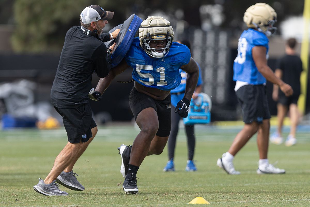 UCLA linebacker Trent Hendrick (51) participates during practice at Wasserman Football Center, Thursday, Aug. 27, 2026, in Los Angeles.