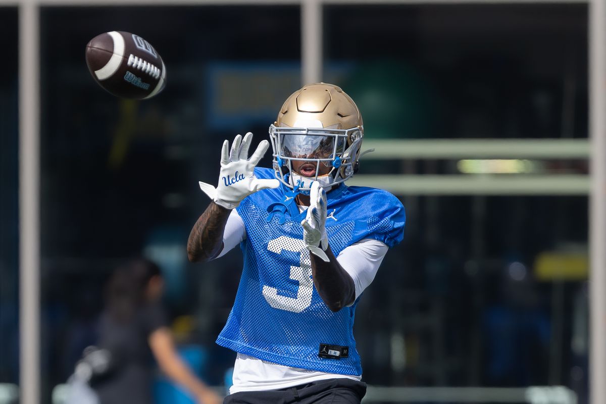 UCLA defensive back Robert Stafford III (3) catches a pass during practice at Wasserman Football Center, Thursday, Aug. 27, 2026, in Los Angeles.