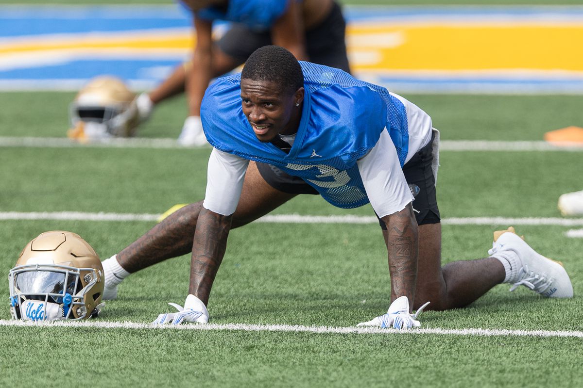 UCLA defensive back Robert Stafford III (3) stretches during practice at Wasserman Football Center, Thursday, Aug. 27, 2026, in Los Angeles.