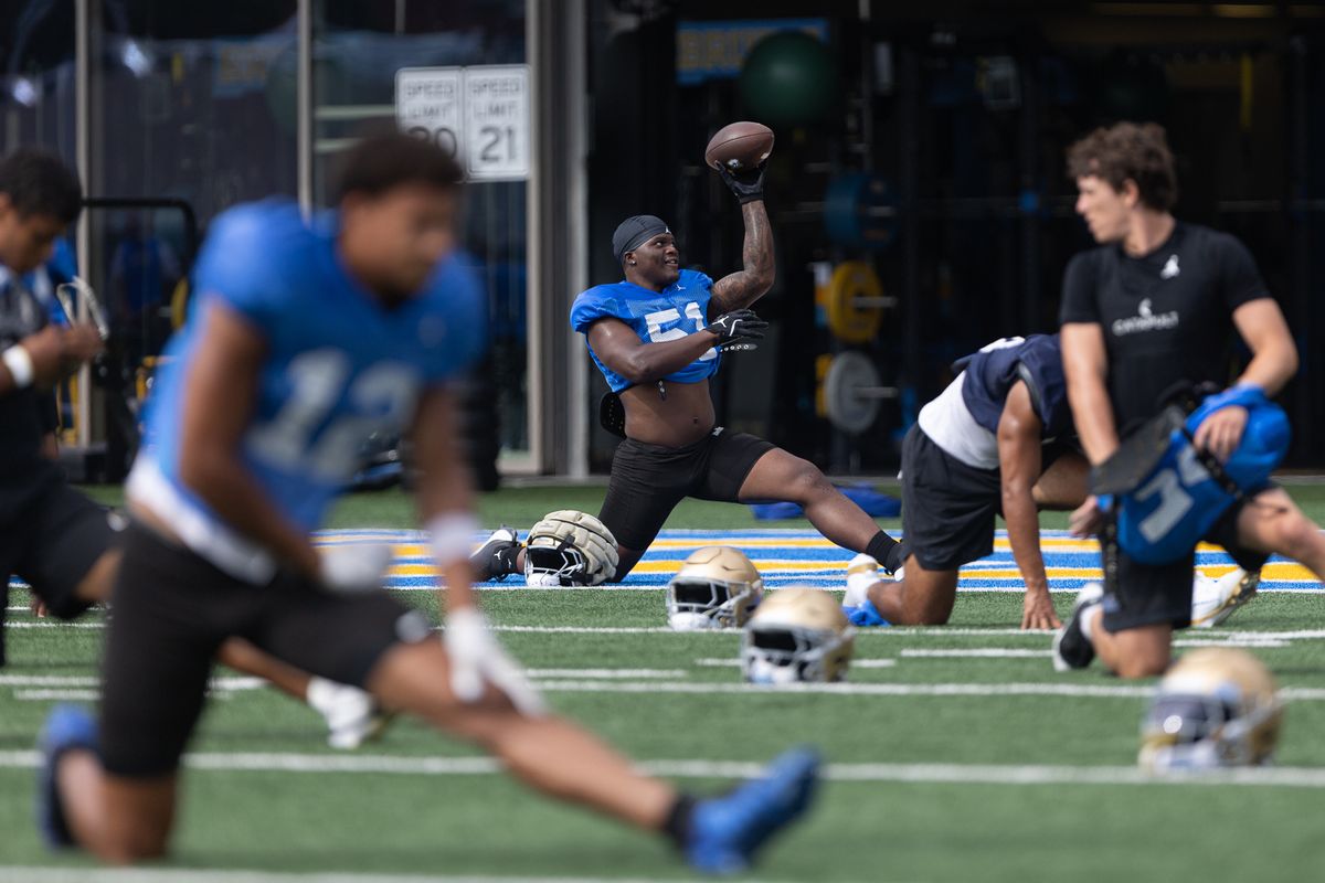 UCLA linebacker Trent Hendrick (51) participates during practice at Wasserman Football Center, Thursday, Aug. 27, 2026, in Los Angeles.