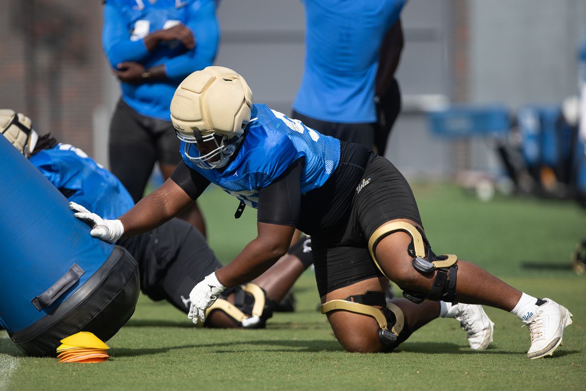 UCLA linemen hit pads during practice at Wasserman Football Center, Thursday, Aug. 27, 2026, in Los Angeles.