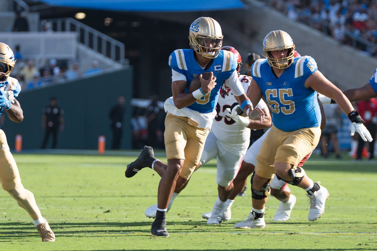 UCLA Bruins QB Nico Iamaleava (9) attempts a QB sneak during a game against San Diego State Aztecs at Rose Bowl Stadium on September 12, 2026 in Pasadena, California. 