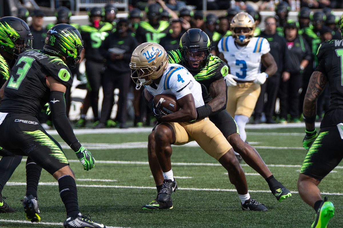 UCLA Bruins WR Semaj Morgan (4) runs up the middle and gains positive yardage during a game against the Oregon Ducks at Autzen Stadium on October 10, 2026 in Eugene, Oregon. UCLA Bruins WR Semaj Morgan (4) runs up the middle and gains positive yardage during a game against the Oregon Ducks at Autzen Stadium on October 10, 2026 in Eugene, Oregon.