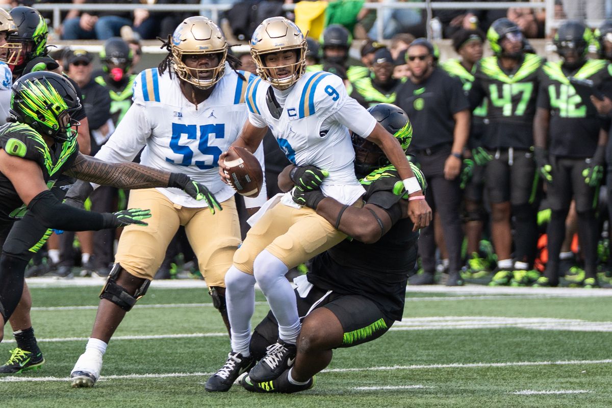 UCLA Bruins QB Nico Lamaleava (9) runs for yardage and gets tackled during a game against the Oregon Ducks at Autzen Stadium on October 10, 2026 in Eugene, Oregon. UCLA Bruins QB Nico Lamaleava (9) runs for yardage and gets tackled during a game against the Oregon Ducks at Autzen Stadium on October 10, 2026 in Eugene, Oregon.