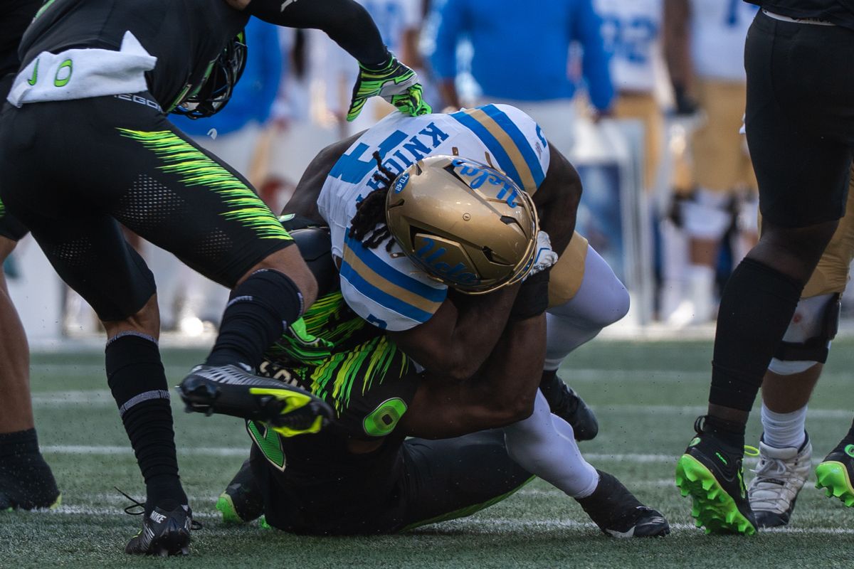 UCLA Bruins RB Wayne Knight (3) runs over his defender during a game against the Oregon Ducks at Autzen Stadium on October 10, 2026 in Eugene, Oregon. UCLA Bruins RB Wayne Knight (3) runs over his defender during a game against the Oregon Ducks at Autzen Stadium on October 10, 2026 in Eugene, Oregon.