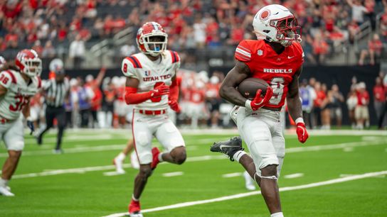 UNLV running back Jai’Den Thomas (9) takes the ball into the end zone to score the first touchdown of the game during college football game against Utah Tech on Saturday Sept. 7, 2024 in Las Vegas. (Kalin Sipes - The Sporting Tribune) UNLV running back Jai’Den Thomas (9) takes the ball into the end zone to score the first touchdown of the game during college football game against Utah Tech on Saturday Sept. 7, 2024 in Las Vegas. (Kalin Sipes - The Sporting Tribune)