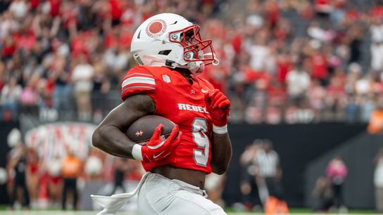 UNLV running back Jai’Den Thomas (9) takes the ball into the end zone to score the first touchdown of the game during college football game against Utah Tech on Saturday Sept. 7, 2024 in Las Vegas. (Kalin Sipes - The Sporting Tribune) UNLV running back Jai’Den Thomas (9) takes the ball into the end zone to score the first touchdown of the game during college football game against Utah Tech on Saturday Sept. 7, 2024 in Las Vegas. (Kalin Sipes - The Sporting Tribune)