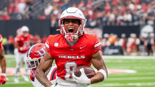 UNLV wide receiver Timothy Conerly (8) celebrates after a touchdown during college football game against Utah Tech on Saturday Sept. 7, 2024 in Las Vegas. (Kalin Sipes - The Sporting Tribune) UNLV wide receiver Timothy Conerly (8) celebrates after a touchdown during college football game against Utah Tech on Saturday Sept. 7, 2024 in Las Vegas. (Kalin Sipes - The Sporting Tribune)
