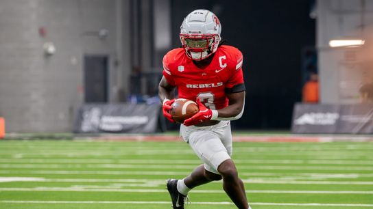 UNLV defensive back Johnathan Baldwin (3) moves towards the end zone after intercepting the ball during college football game against Utah Tech on Saturday Sept. 7, 2024 in Las Vegas. (Kalin Sipes - The Sporting Tribune) UNLV defensive back Johnathan Baldwin (3) moves towards the end zone after intercepting the ball during college football game against Utah Tech on Saturday Sept. 7, 2024 in Las Vegas. (Kalin Sipes - The Sporting Tribune)