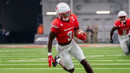 UNLV defensive back Johnathan Baldwin (3) moves towards the end zone after intercepting the ball during college football game against Utah Tech on Saturday Sept. 7, 2024 in Las Vegas. (Kalin Sipes - The Sporting Tribune) UNLV defensive back Johnathan Baldwin (3) moves towards the end zone after intercepting the ball during college football game against Utah Tech on Saturday Sept. 7, 2024 in Las Vegas. (Kalin Sipes - The Sporting Tribune)