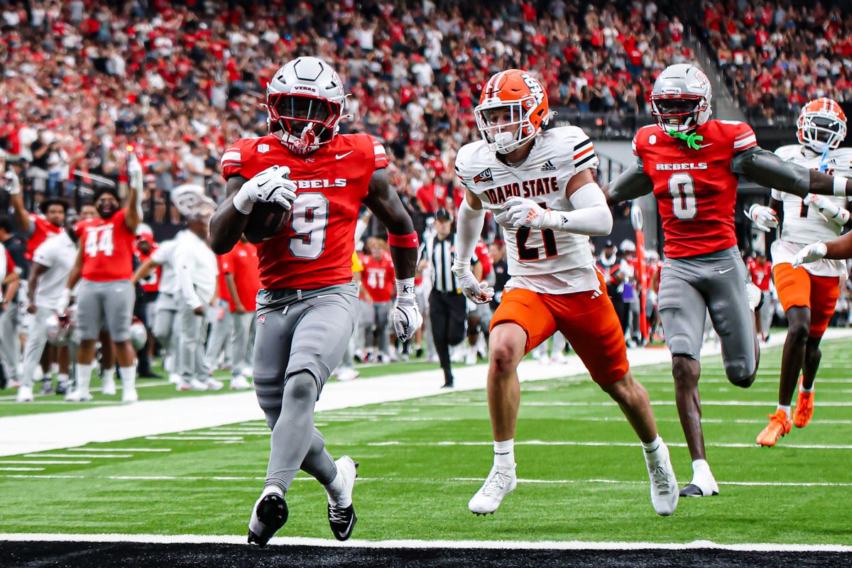 UNLV Rebels RB Jai'Den Thomas (9) rushes for 70 yards and into the endzone against the Idaho State Bengals on Saturday August 23, 2025, in Las Vegas, Nevada. 
