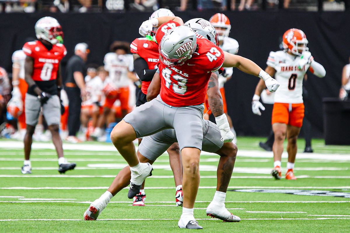  UNLV Rebels LB Kamuela Ka'aihue (43) celebrates after making a key stop against the Idaho State Bengals on Saturday August 23, 2025, in Las Vegas, Nevada. 