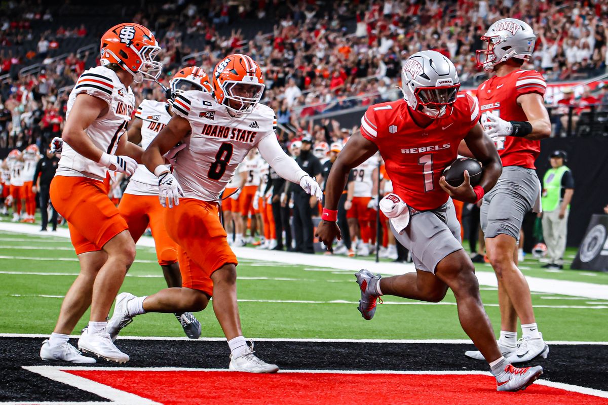 UNLV Rebels QB Alex Orji (1) runs the ball into the endzone against the Idaho State Bengals on Saturday August 23, 2025, in Las Vegas, Nevada. 