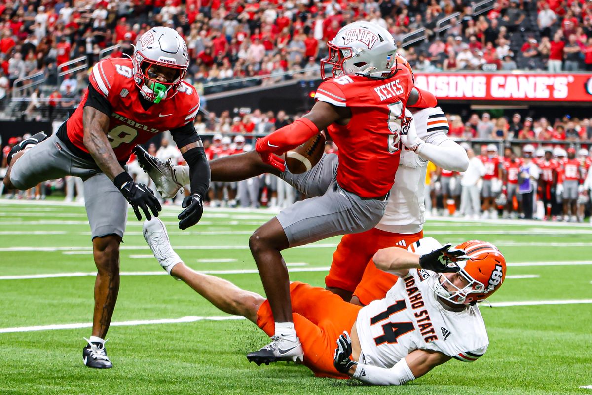 UNLV Rebels DB Quandarius Keyes (5) disrupts an Idaho State Bengals pass to force a turnover in the fourth quarter of a college football game on Saturday August 23, 2025, in Las Vegas, Nevada. 