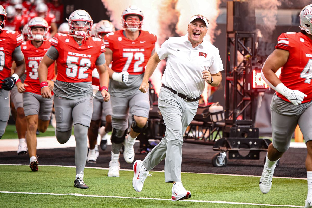  UNLV Rebels HC Dan Mullen takes the field with his team prior to a college football game against the Idaho State Bengals on Saturday August 23, 2025, in Las Vegas, Nevada. 