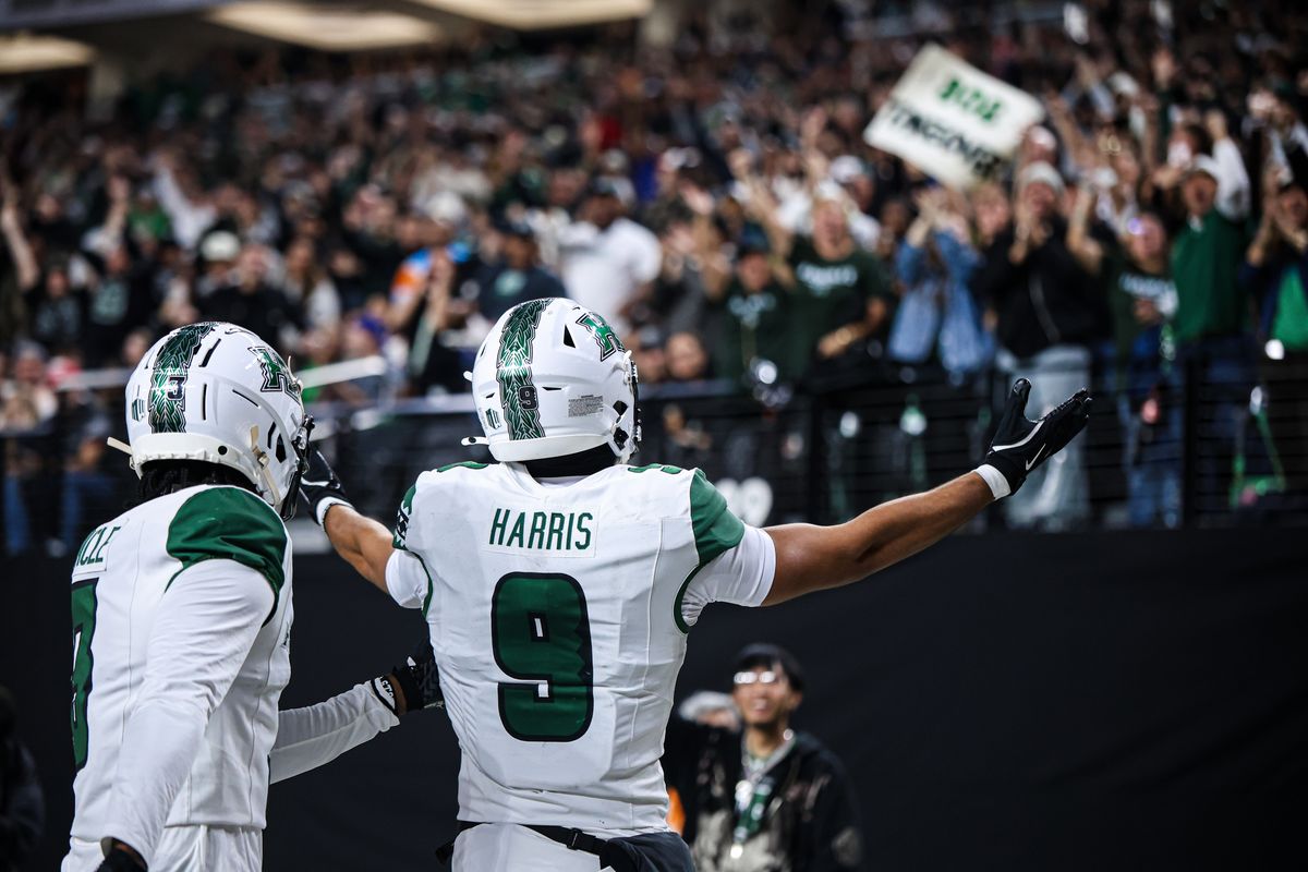 Hawai'i Rainbow Warriors WR Jackson Harris (9) celebrates towards the Rainbow Warrior fans during a college football game against the UNLV Rebels on Friday November 21, 2025, in Las Vegas, Nevada. 