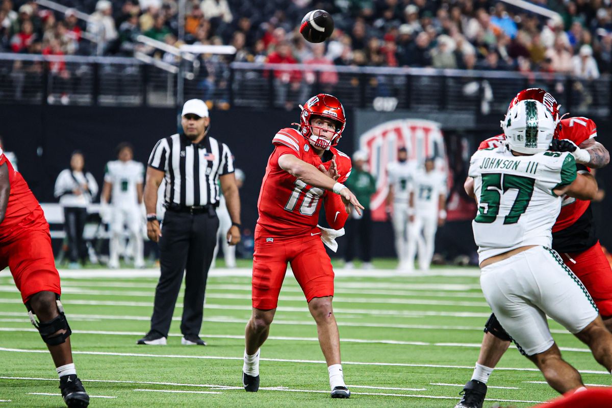 UNLV Rebels QB Anthony Colandrea (10) passes the ball downfield during a college football game against the Hawai'i Rainbow Warriors on Friday November 21, 2025, in Las Vegas, Nevada. 
