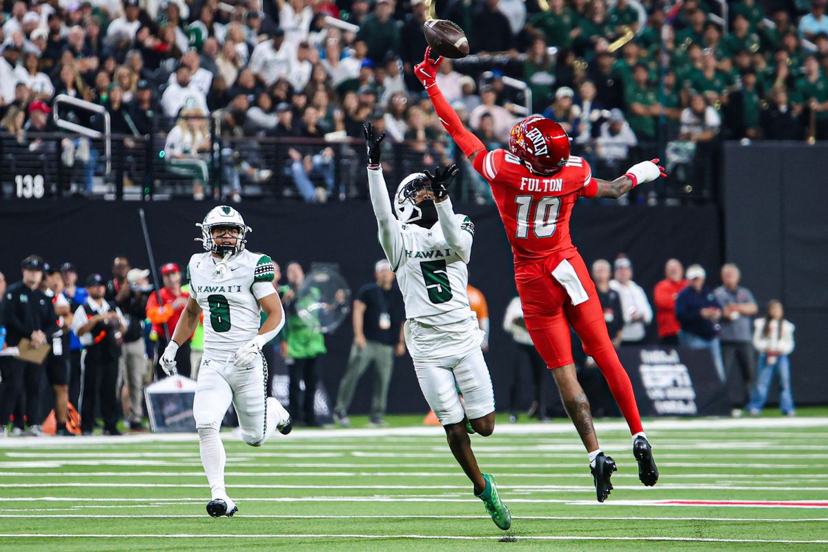 UNLV Rebels DB Tre Fulton (10) tips a Hawai'i Rainbow Warriors pass during a college football game on Friday November 21, 2025, in Las Vegas, Nevada. 