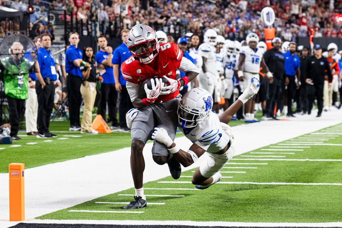 UNLV Rebels WR Tavian McNair (5) scores a touchdown against the Memphis Tigers on Friday, August 29, 2026, at Allegiant Stadium in Las Vegas, Nevada. UNLV Rebels WR Tavian McNair (5) scores a touchdown against the Memphis Tigers on Friday, August 29, 2026, at Allegiant Stadium in Las Vegas, Nevada.