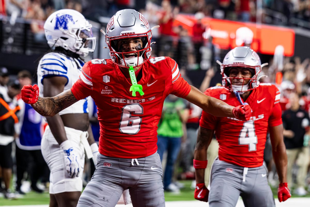 UNLV Rebels WR Kayden McGee (6) reacts after he scored a touchdown against the Memphis Tigers on Friday, August 29, 2026, at Allegiant Stadium in Las Vegas, Nevada. UNLV Rebels WR Kayden McGee (6) reacts after he scored a touchdown against the Memphis Tigers on Friday, August 29, 2026, at Allegiant Stadium in Las Vegas, Nevada.
