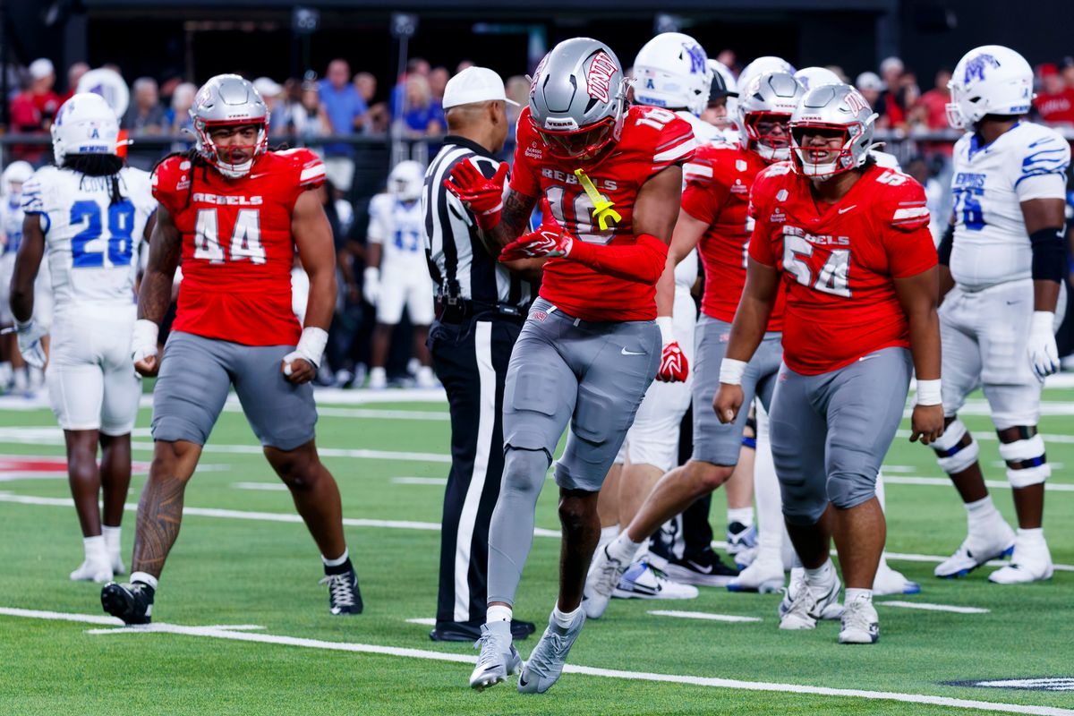 UNLV Football defensive back Tre Fulton celebrates a sac during a non-conference college football game against the Memphis Tigers on Saturday, August 29, 2026, at Allegiant Stadium in Las Vegas, NV. UNLV Football defensive back Tre Fulton celebrates a sac during a non-conference college football game against the Memphis Tigers on Saturday, August 29, 2026, at Allegiant Stadium in Las Vegas, NV.