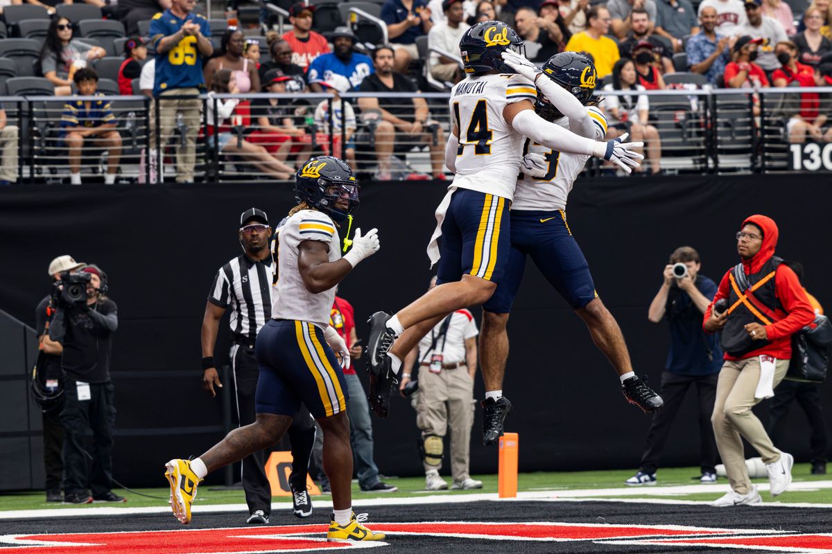 California Golden Bears DB Aiden Manutai (14) celebrates with teammates after intercepting the ball in the second quarter of a game against the UNLV Rebels on Saturday, October 03, 2026, at Allegiant Stadium in Las Vegas, Nevada. California Golden Bears DB Aiden Manutai (14) celebrates with teammates after intercepting the ball in the second quarter of a game against the UNLV Rebels on Saturday, October 03, 2026, at Allegiant Stadium in Las Vegas, Nevada.