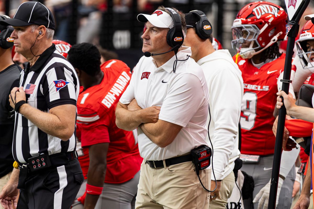 UNLV Rebels head coach Dan Mullen seen in the second quarter of a game against the California Golden Bears on Saturday, October 03, 2026, at Allegiant Stadium in Las Vegas, Nevada. UNLV Rebels head coach Dan Mullen seen in the second quarter of a game against the California Golden Bears on Saturday, October 03, 2026, at Allegiant Stadium in Las Vegas, Nevada.