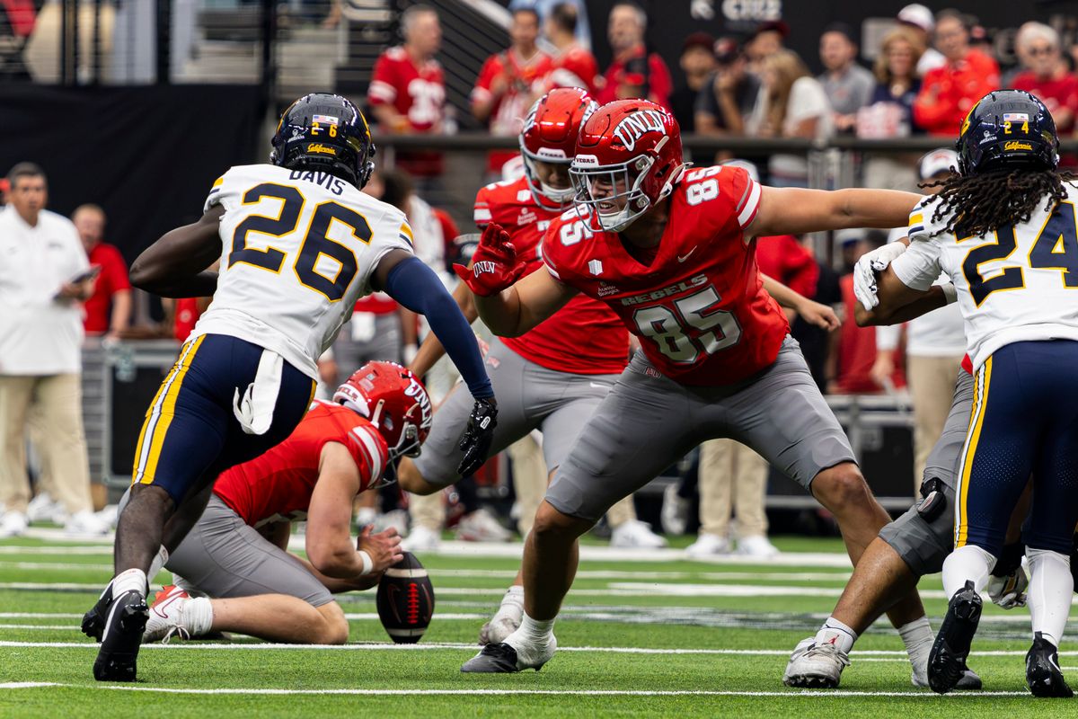 UNLV Rebels TE Matt Byrnes (85) defends the kicker in the second quarter of a game against the California Golden Bears on Saturday, October 03, 2026, at Allegiant Stadium in Las Vegas, Nevada. UNLV Rebels TE Matt Byrnes (85) defends the kicker in the second quarter of a game against the California Golden Bears on Saturday, October 03, 2026, at Allegiant Stadium in Las Vegas, Nevada.