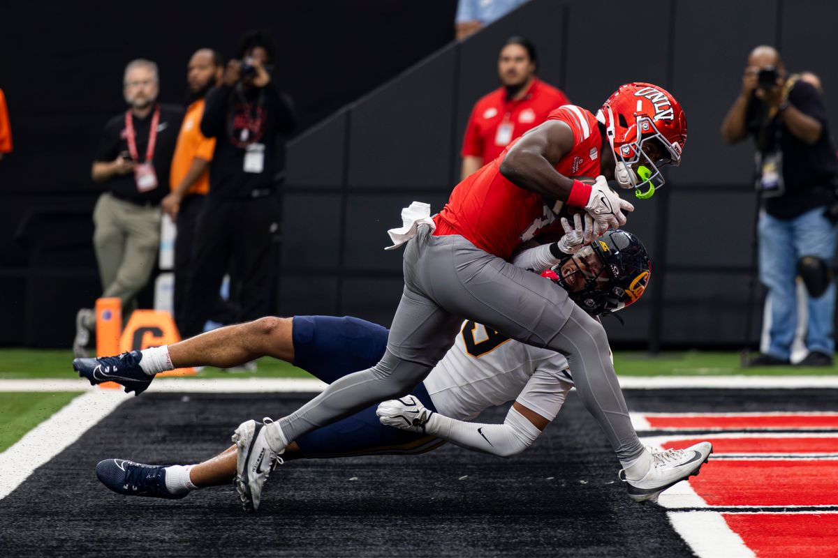 UNLV Rebels WR Taz Reddicks (2) scores a receiving touchdown in the second quarter of a game against the California Golden Bears on Saturday, October 03, 2026, at Allegiant Stadium in Las Vegas, Nevada. UNLV Rebels WR Taz Reddicks (2) scores a receiving touchdown in the second quarter of a game against the California Golden Bears on Saturday, October 03, 2026, at Allegiant Stadium in Las Vegas, Nevada.
